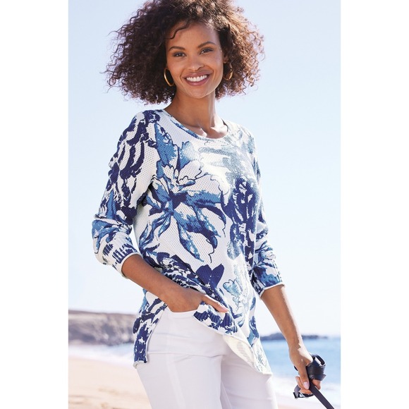 Soft Surroundings Sweaters - Soft Surroundings Marin Sweater Womens‎ L Blue Floral Waffle Knit Tunic Pullover